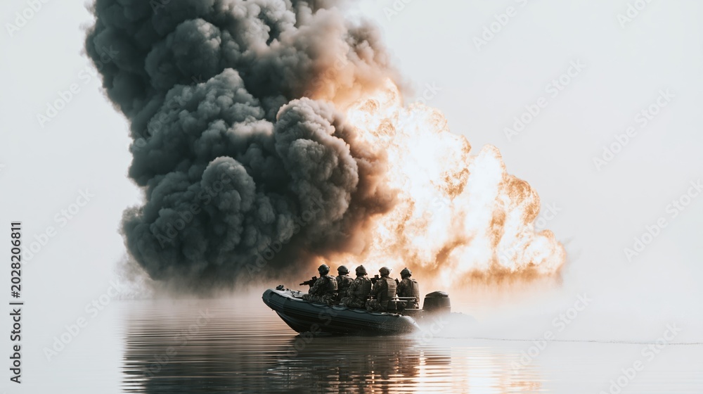 Fototapeta premium Military team operating rapidly in boat, navigating past immense fire explosion and thick black smoke cloud on water