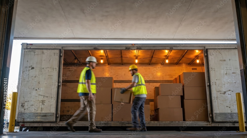 Fototapeta premium Two hardworking male warehouse workers unloading boxes from a truck at a loading dock.
