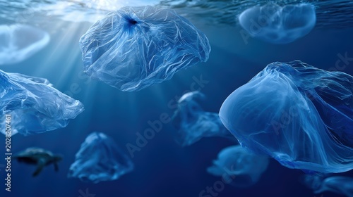 emotional underwater scene depicts plastic bags like jellyfish, with a sunlit ocean, and a distant sea turtle, highlighting environmental issues