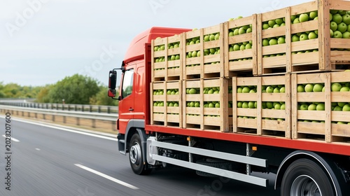 Red truck transporting fresh green apples in wooden crates on highway, representing agricultural logistics and supply chain