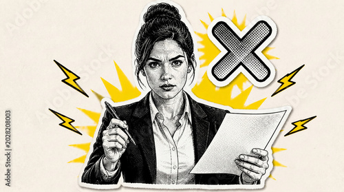 Pop Art Halftone Businesswoman Rejecting Document Sticker Illustration, Failed Review and Error Detection Concept, Vintage Torn Paper Collage Element, 90s Magazine Style Graphic