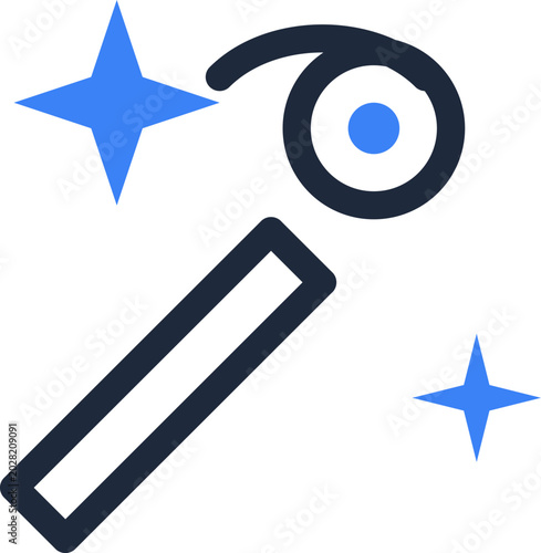 Minimalist magic wand icon with blue sparkles for creative AI tool and digital enhancement feature isolated on white background