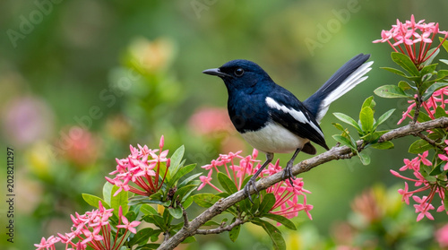Majestic Oriental Magpie-Robin Perched on Blooming Pink Ixora