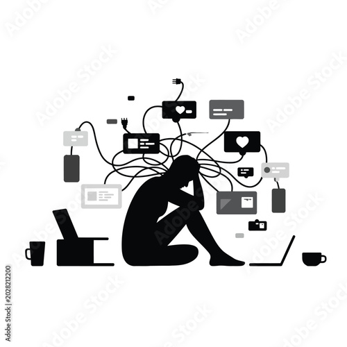Cuadro en lienzo Person overwhelmed by digital technology, surrounded by devices and social media icons