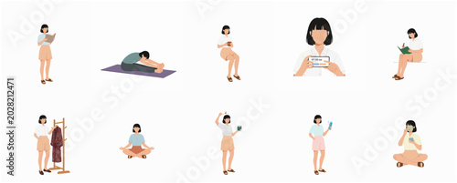 Woman Daily Routine and Self Care Activities Illustration Set - Morning Rituals, Wellness, Yoga, Meditation, and Skincare Healthy Lifestyle Concept