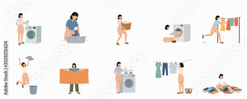 Obraz na plátně Set of flat vector illustrations of a woman performing various laundry tasks lik