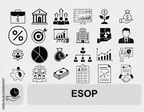 ESOP icon set with ESOP collection and 25 employee stock ownership plan icons black and white vector