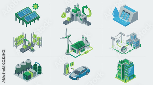 Foto Isometric Illustrations of Renewable Energy Sources and Sustainable Technology