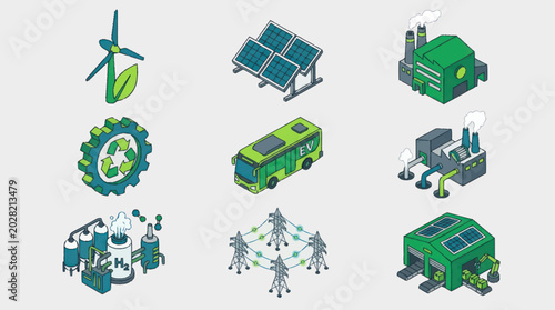 Billede på lærred Isometric Green Energy Icons Depicting Renewable Power Sources.