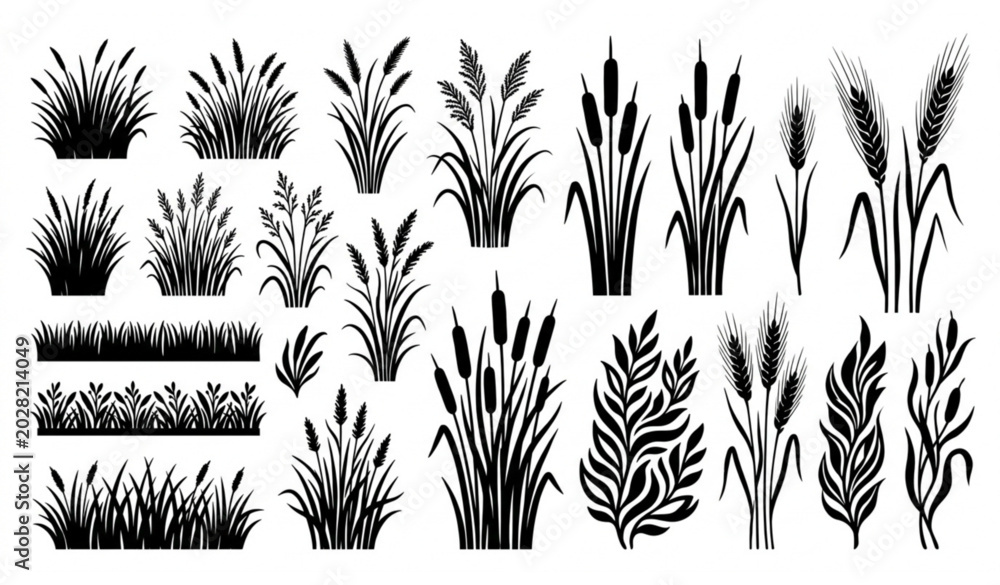 Fototapeta premium Black silhouette grass and plant icons set