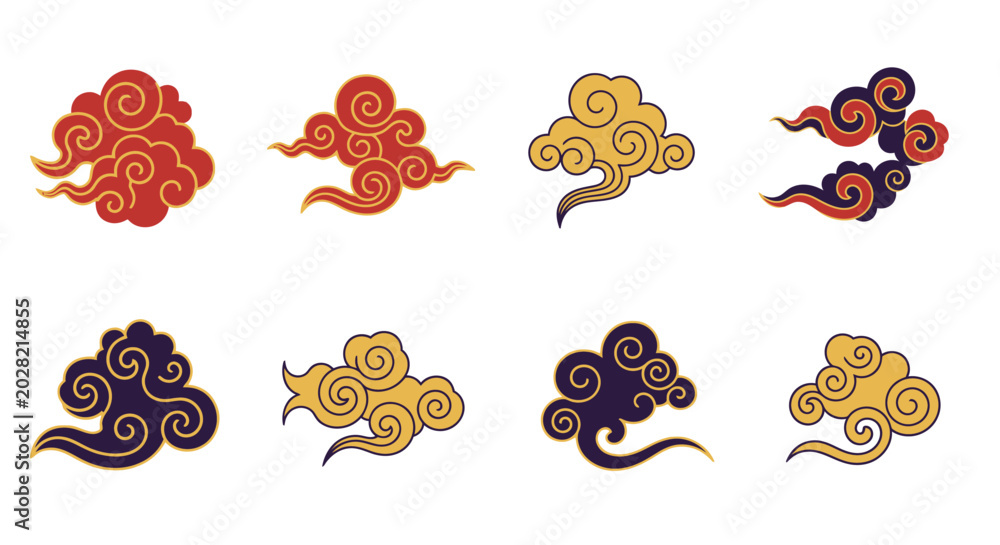 Fototapeta premium Set of traditional Asian cloud patterns in various colors and styles.