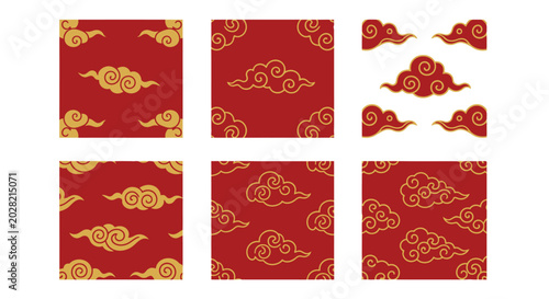 Traditional Chinese Cloud Patterns and Seamless Backgrounds in Red and Gold.