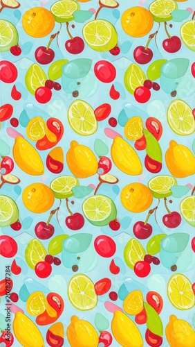 Vibrant and Cheerful Seamless Pattern Featuring Assorted Fresh Summer Fruits on a Light Blue Textured Background, Perfect for Playful Design Projects and Tropical Themes