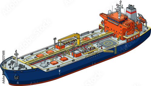 Massive oil tanker ship with orange deck and helicopter landing pad