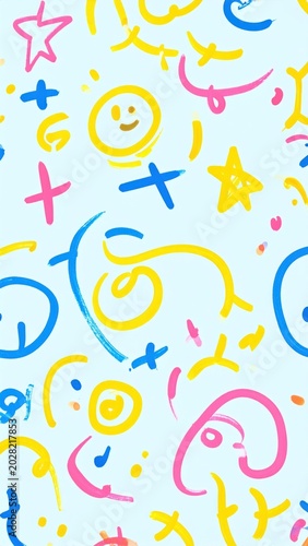 Vibrant and playful abstract seamless pattern of cheerful hand-drawn stars, smiling faces, and colorful lines, perfect for energetic and youthful design projects