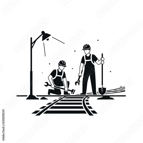 Tableau sur toile Two workers repairing train tracks.