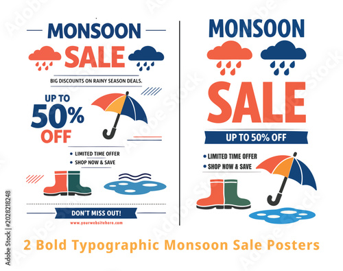 2 Bold Typographic Monsoon Sale Poster Negative Space Umbrella Flat Vector