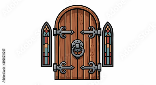 A wooden arched door with decorative hinges and a ring knocker, flanked by two gothic windows