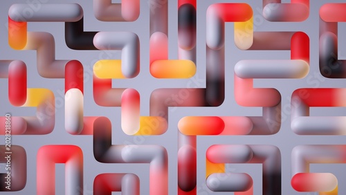 Foto Abstract shapes in red, orange, and gray form a maze like pattern with smooth curves and gradients