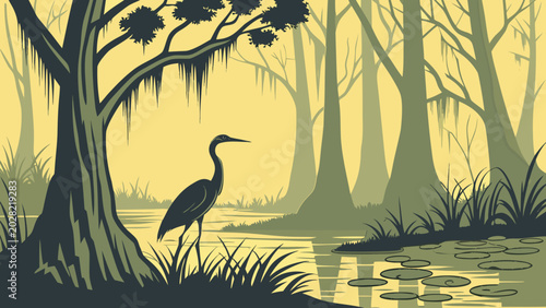 Stylized vector landscape silhouette of a heron standing in a cypress swamp bayou