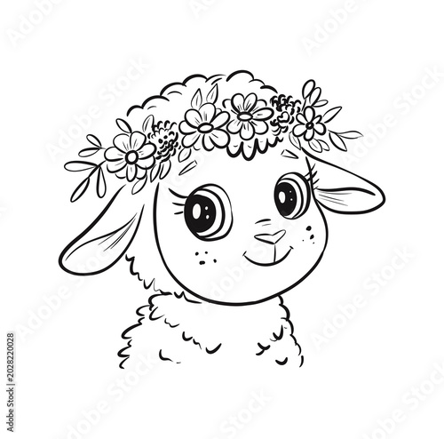 Cute sheep character with a flower crown smiling happily, perfect for kids' illustrations or coloring activities
