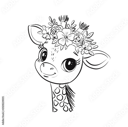 Cute giraffe wearing a flower crown looking cheerful in a playful setting for a children's illustration