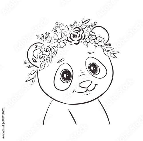 Panda character wearing a flower crown smiles in a simple design with delicate flowers on the head in black and white colors