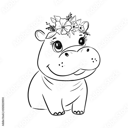 Cute hippo with flower crown sitting and smiling for coloring fun at home or creative settings