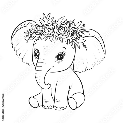 Cute elephant wearing flower crown sits on the ground in a simple line drawing style, perfect for coloring activities for children