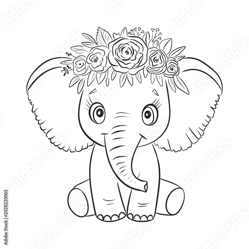 Cute elephant wearing flower crown sits on the ground in a simple line drawing style, perfect for coloring activities for children