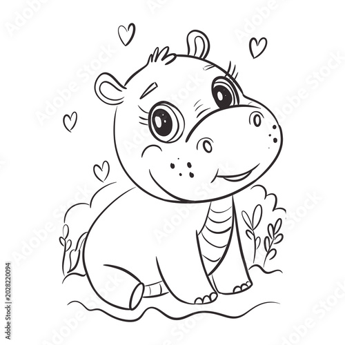 Cute hippo with flower crown sitting and smiling for coloring fun at home or creative settings