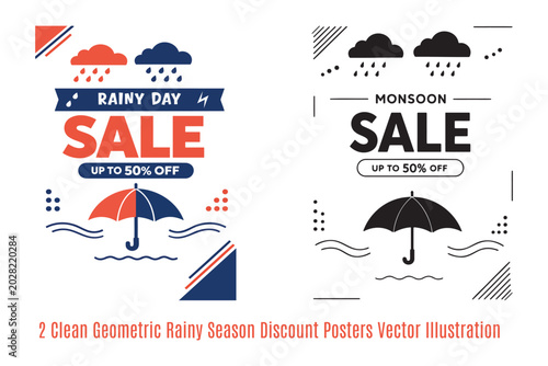 2 Clean Geometric Rainy Season Discount Poster Vector Illustration