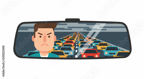 Angry driver views gridlocked traffic in the rearview mirror
