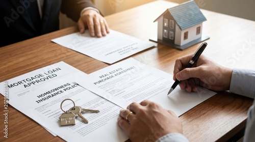 Two individuals review and sign real estate documents with a small house model and keys on the table, indicating mortgage loan approval and homeownership.