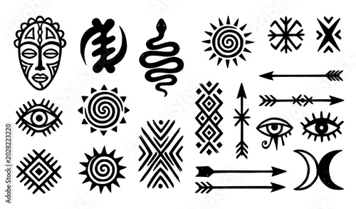 Tribal Ethnic Symbol, Arrow, Sun, Snake and Spiritual Decorative Icon Vector Collection