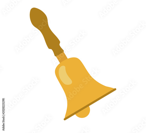 Photos Tilted brass handbell with wooden handle in flat yellow style.