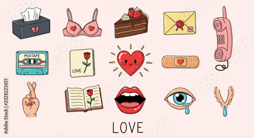 Quadro su tela cute love icons, romantic stickers, heart symbols, pastel colored emoticons, vec