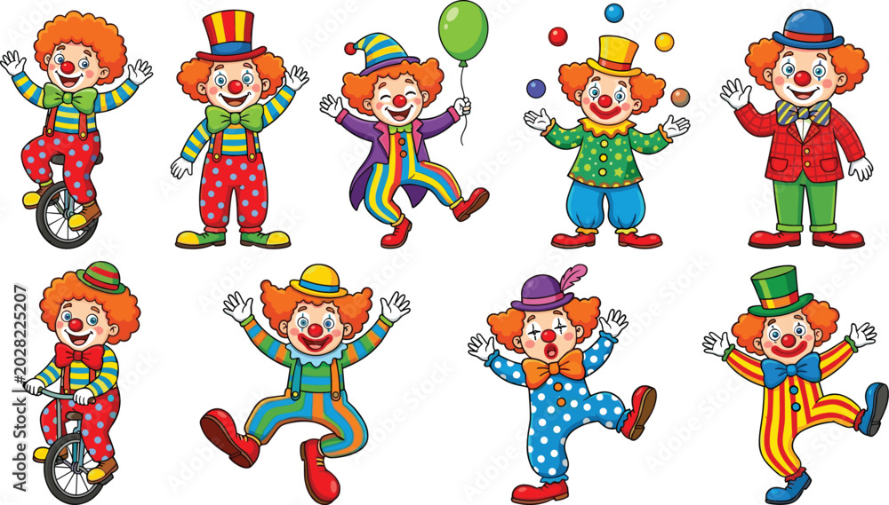 Naklejka premium Funny clown character collection with colorful circus costumes juggling and unicycle cartoon vector illustration set