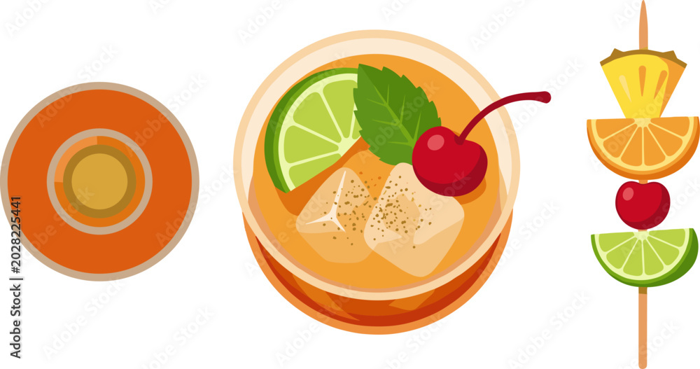 Naklejka premium Citrus cocktail with ice and cherry top view