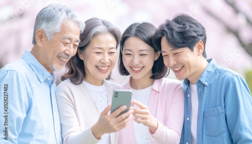 スマホを見て笑顔のファミリー
Smiling family with watching a smartphone