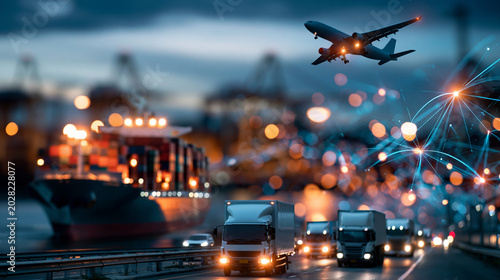 Broad logistics industry concept showing a container cargo ship at a port, delivery trucks on a highway, and freight aircraft in the sky, all connected by digital network lines symbolizing