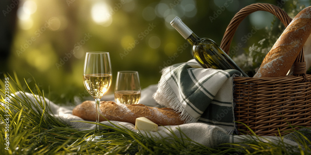 Fototapeta premium Serene early morning gathering with wine and warm freshly baked bread for breakfast