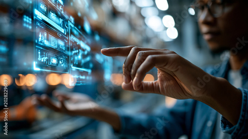 Smart warehouse scene featuring staff member using a holographic virtual interface panel to search inventory and fulfillment data, glowing search displays and item tracking visuals floating
