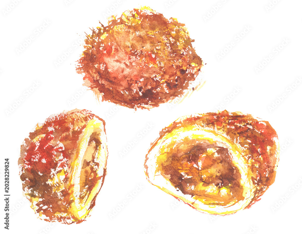 Obraz premium Watercolor illustration set of curry bread on transparent background
