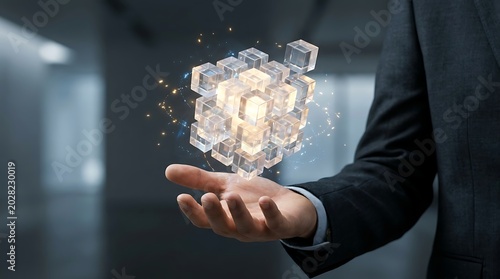 Businessman holding a glowing, transparent cube structure made of smaller blocks, symbolizing innovation, digital data, or a new business idea in a modern office.