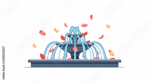 A blue tiered fountain cascades water surrounded by falling red and yellow petals