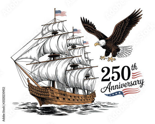 Vintage 250 Anniversary America Ship and Eagle vector Illustration, Patriotic USA Design isolated on white background