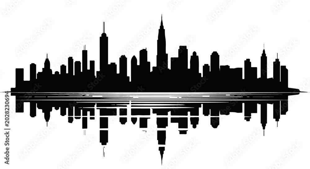 Obraz premium Black silhouette of a city skyline reflected in water