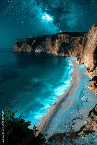 Milky Way over a glowing blue beach at night