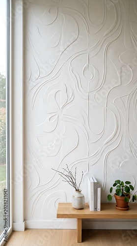 Minimalist living room with textured white relief wall and wooden bench.